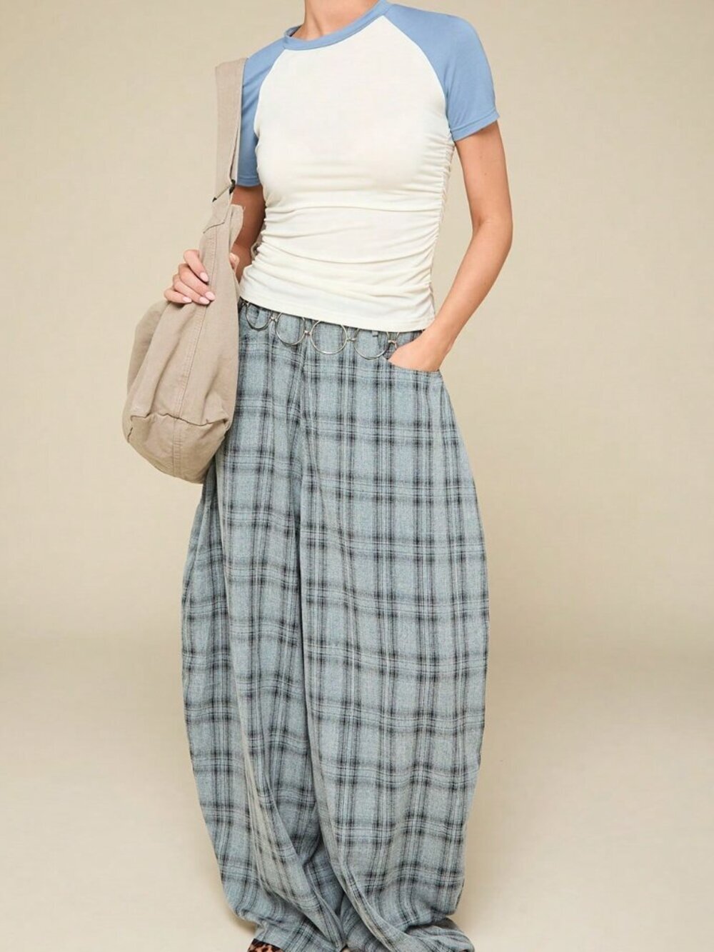 Dark Grey Casual Women's Balloon Low Rise Baggy Check Trousers